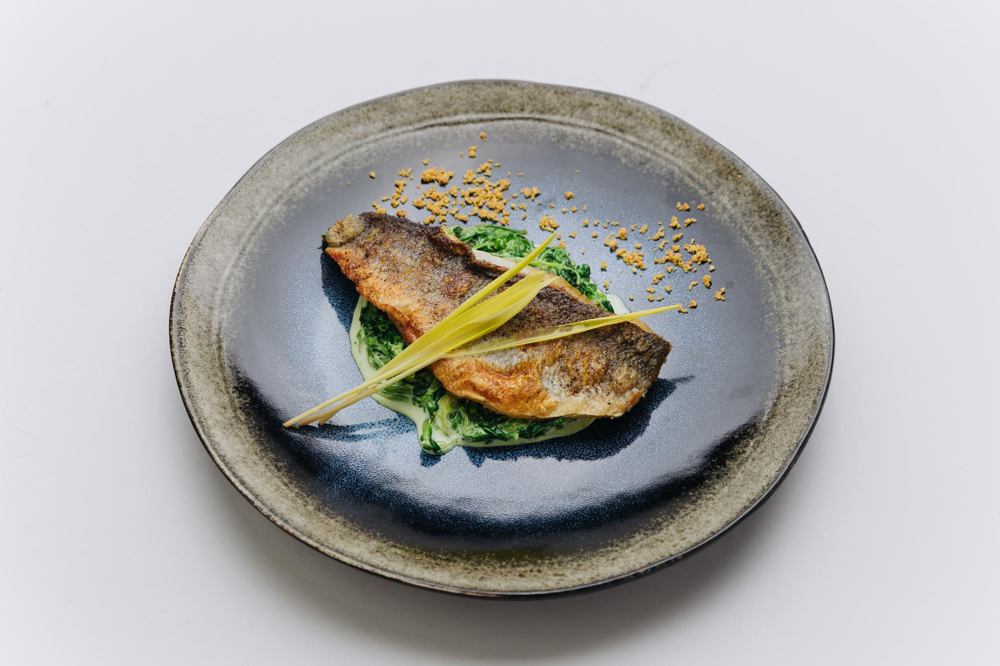 Large editorial plate: roasted fish with seasonal garnish