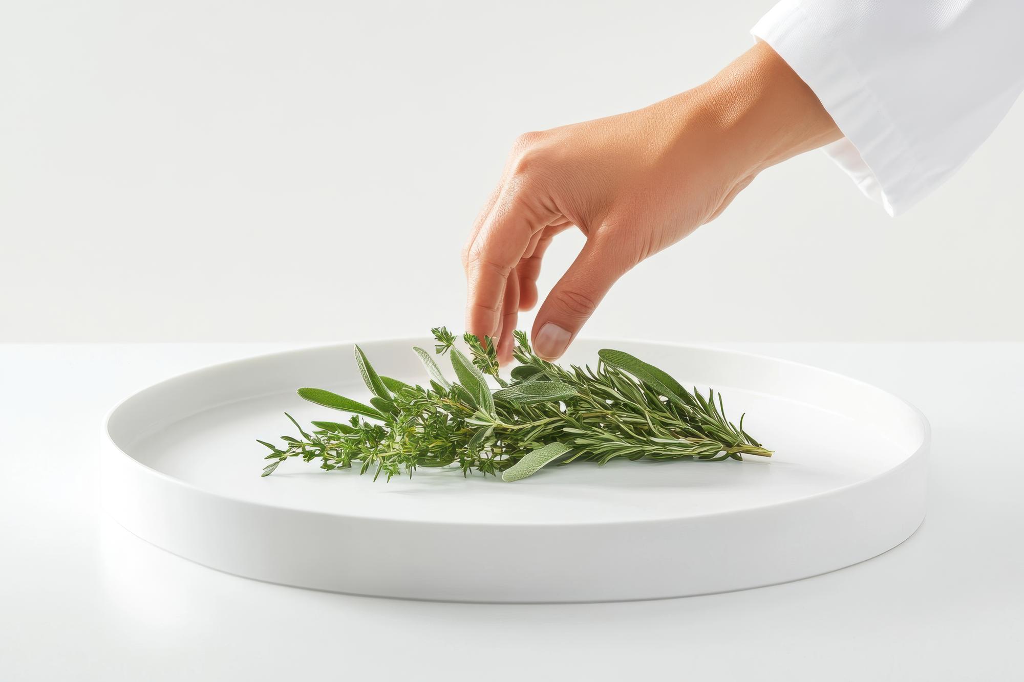 Chef hands slicing herbs for garnish